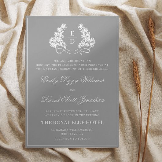 Elegant Grey Botanical Crest Heritage Wedding  箔招待状