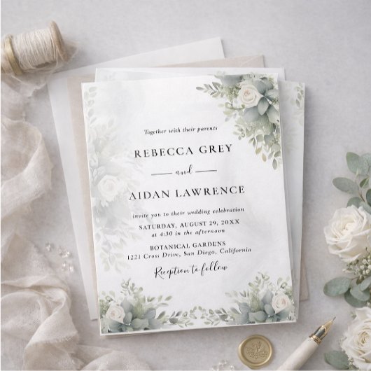 Elegant Grey Botanical Wedding Invitation 招待状