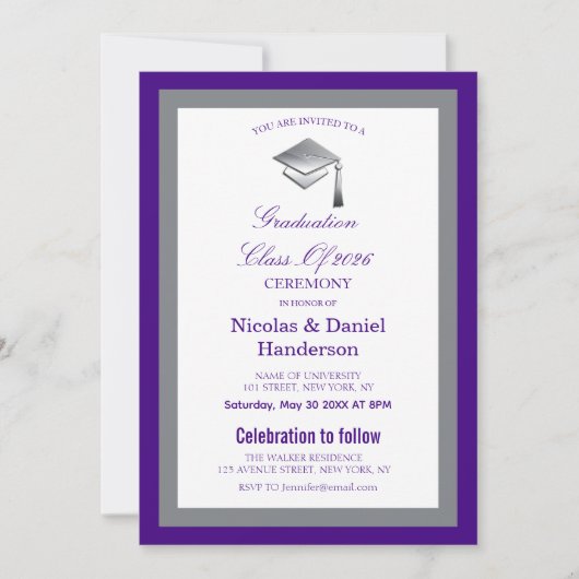 Elegant grey caps graduation ceremony invitation 招待状 (正面)