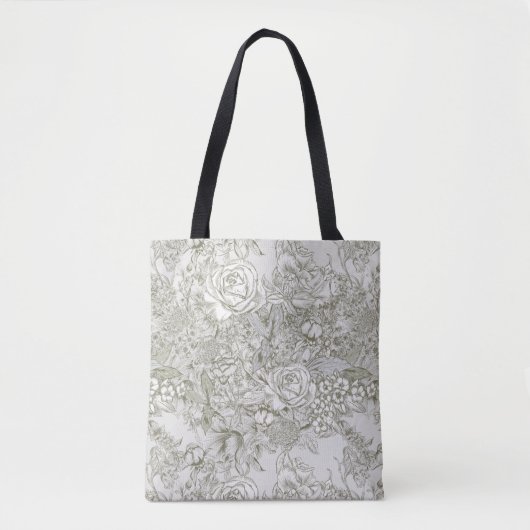 Elegant Grey Floral Toile トートバッグ (正面)