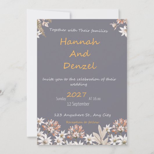 Elegant Grey Floral Wedding Invitation | Watercolo 招待状 (正面)