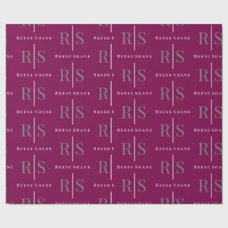 Elegant Grey Monogram & White Name, Maroon ラッピングペーパー