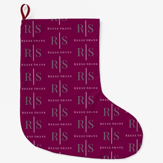 Elegant Grey Monogram & White Name, Maroon ラージクリスマスストッキング (正面)
