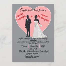 Elegant Grey Pink Heart Bride Groom Invitation 招待状