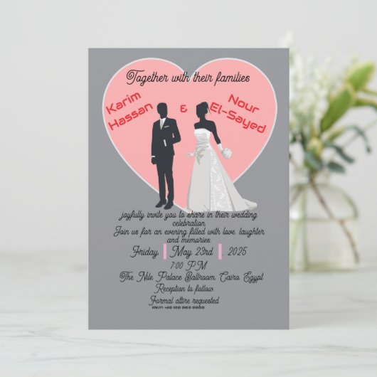 Elegant Grey Pink Heart Bride Groom Invitation 招待状 (スタンド正面)