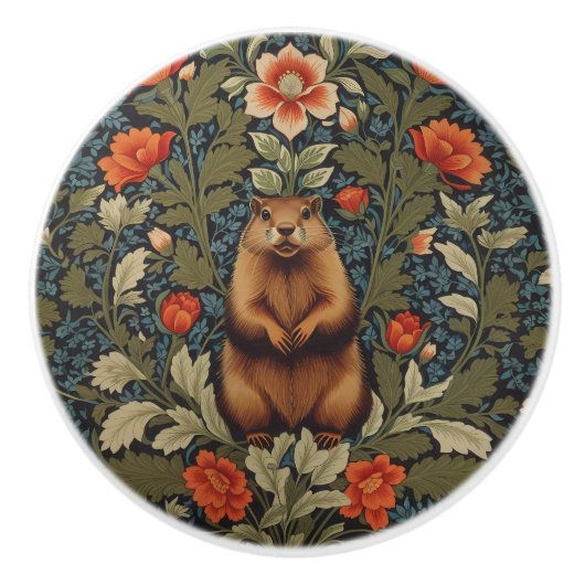 Elegant Groundhog William Morris Inspired セラミックノブ (正面)