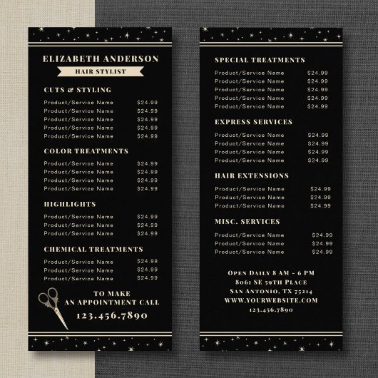 Elegant Hair Salon Black Price List ラックカード