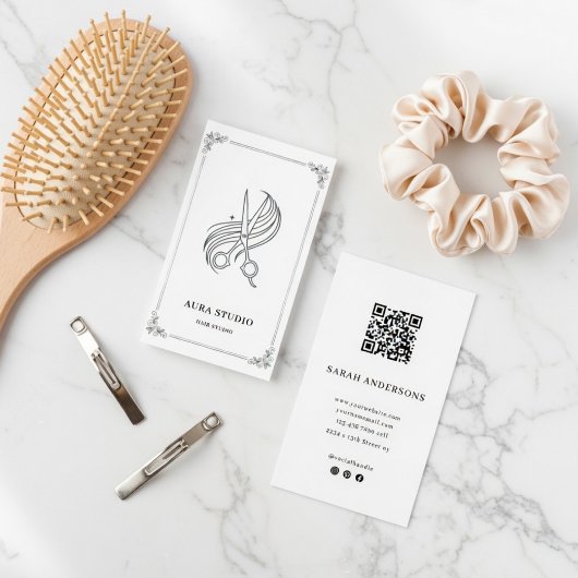 Elegant Hair Stylist Business Card with QR Code 名刺