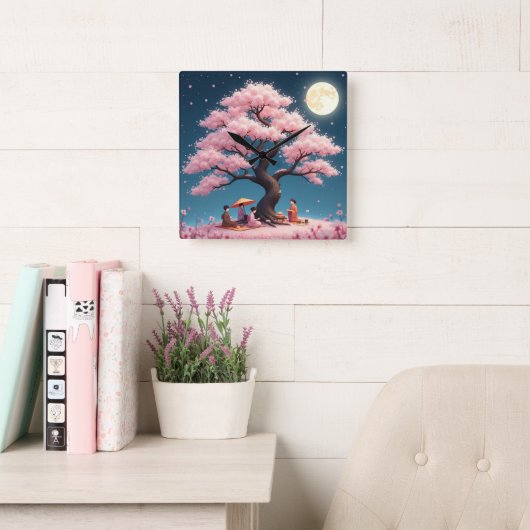 Elegant Hanami Cherry Blossom Wall Clock スクエア壁時計 (読書スペース)