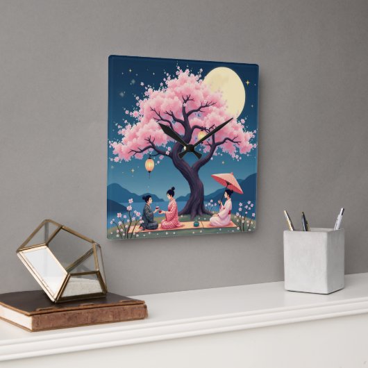 Elegant Hanami Cherry Blossom Wall Clock スクエア壁時計 (オフィス)