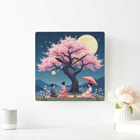 Elegant Hanami Cherry Blossom Wall Clock スクエア壁時計 (ホーム)