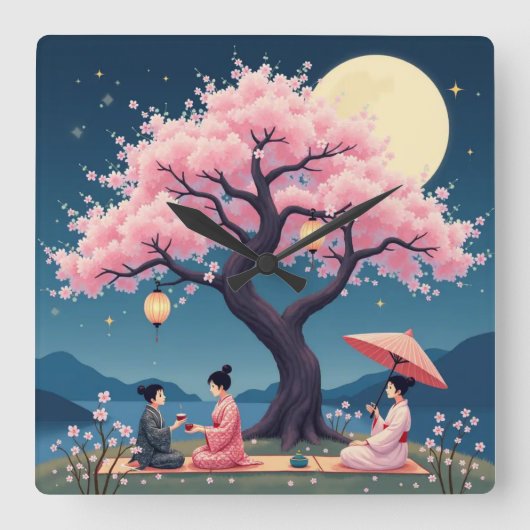 Elegant Hanami Cherry Blossom Wall Clock スクエア壁時計 (正面)