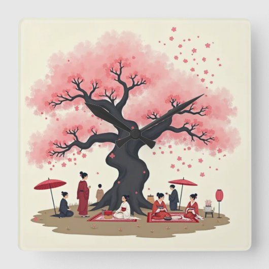 Elegant Hanami Cherry Blossom Wall Clock スクエア壁時計 (正面)