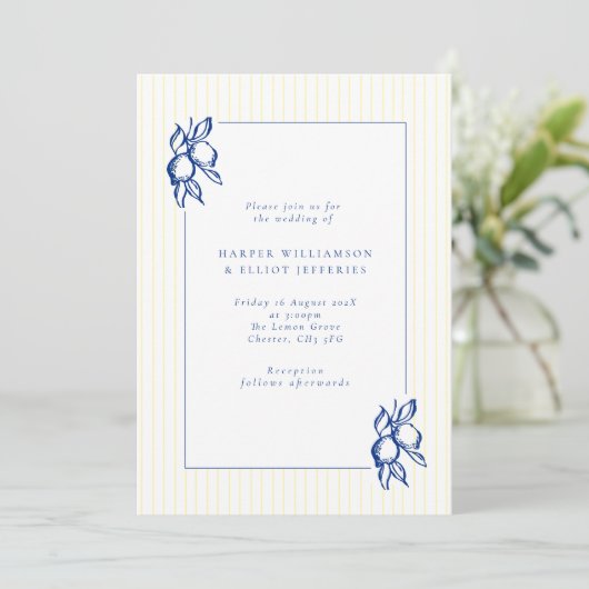 Elegant Hand Drawn Blue Lemons Wedding 招待状 (スタンド正面)