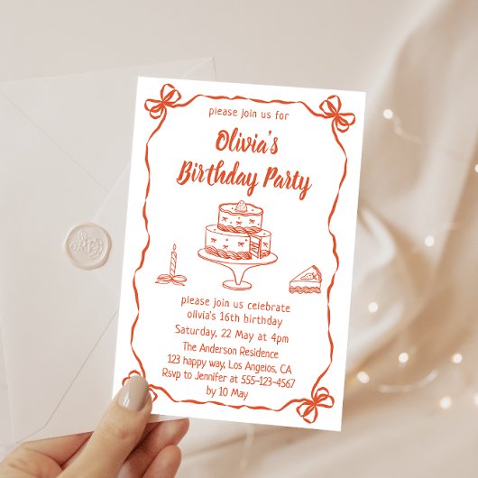 Elegant Hand-Drawn Cake & Ribbon Birthday Party 招待状