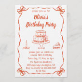 Elegant Hand-Drawn Cake & Ribbon Birthday Party 招待状 (正面)