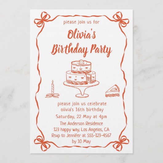 Elegant Hand-Drawn Cake & Ribbon Birthday Party 招待状 (正面)