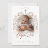 Elegant Hand-Drawn Cross Floral Baptism Photo 招待状 (正面)