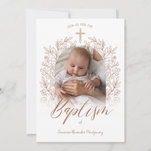 Elegant Hand-Drawn Cross Floral Baptism Photo 招待状 (正面)