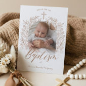 Elegant Hand-Drawn Cross Floral Baptism Photo 招待状