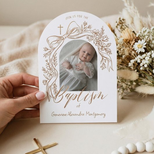 Elegant Hand-Drawn Floral Bow Arch Baptism Photo 招待状