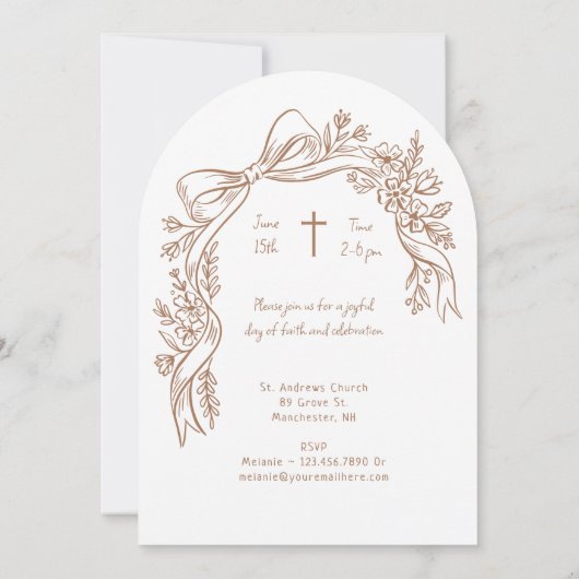Elegant Hand-Drawn Floral Bow Arch Baptism Photo 招待状 (裏面)