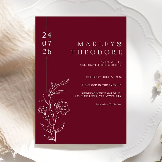 Elegant Hand Drawn Floral Burgundy Wedding 招待状