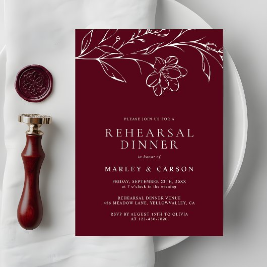 Elegant Hand Drawn Floral Wedding Rehearsal Dinner 招待状