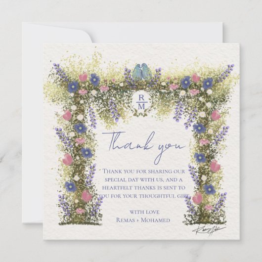 Elegant Hand-Drawn Floral Wedding Thank You Card サンキューカード (正面)