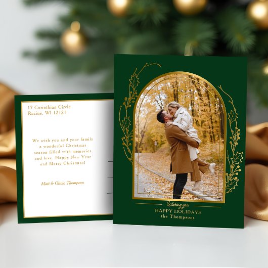 Elegant Hand Drawn Gold Holly Arch Photo 箔シーズンポストカード