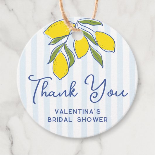 Elegant Hand Drawn Lemons Blue Stripes Thank You フェイバータグ (正面)