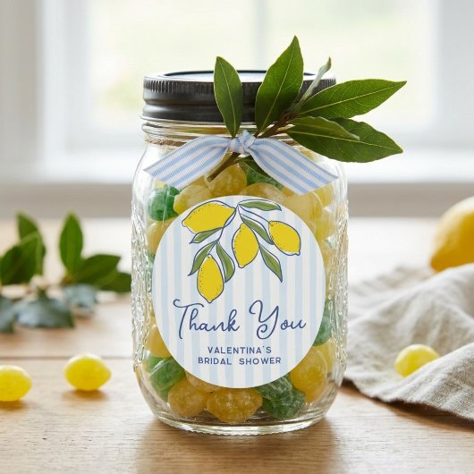 Elegant Hand Drawn Lemons Blue Stripes Thank You ラウンドシール