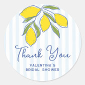 Elegant Hand Drawn Lemons Blue Stripes Thank You ラウンドシール (正面)