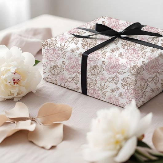 Elegant Hand-Drawn Peony & Leaf Floral Pattern ラッピングペーパー