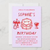 Elegant Hand Drawn Red Cake 30th Birthday 招待状 (正面)