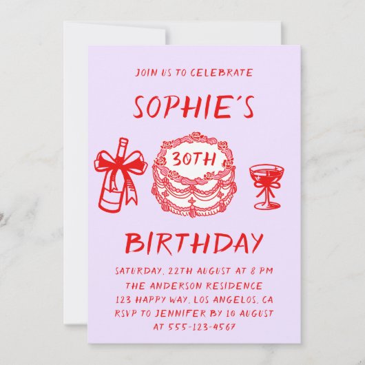 Elegant Hand Drawn Red Cake 30th Birthday 招待状 (正面)