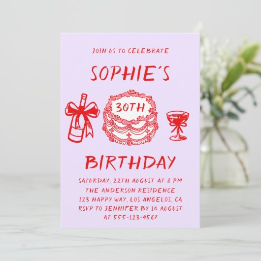 Elegant Hand Drawn Red Cake 30th Birthday 招待状 (スタンド正面)