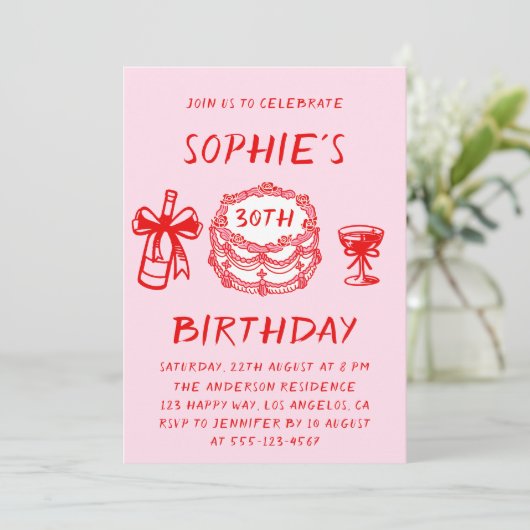 Elegant Hand Drawn Red Cake 30th Birthday 招待状 (スタンド正面)