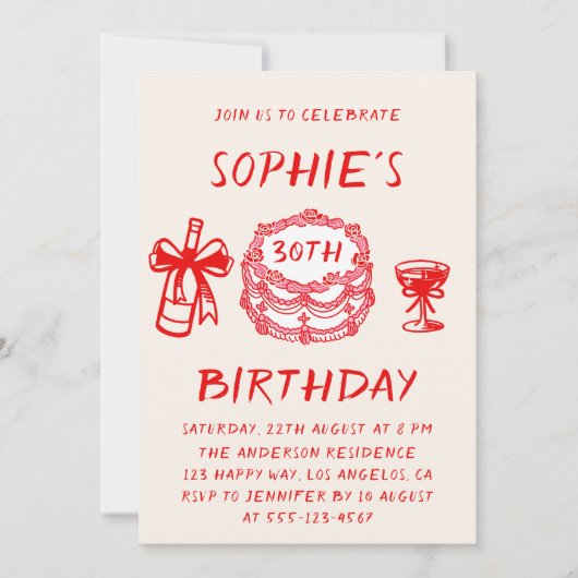 Elegant Hand Drawn Red Cake 30th Birthday 招待状 (正面)