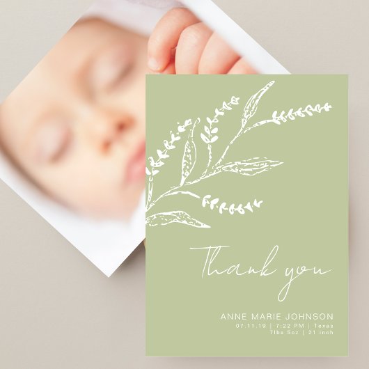 Elegant Hand-drawn Sage Green Baby Shower サンキューカード