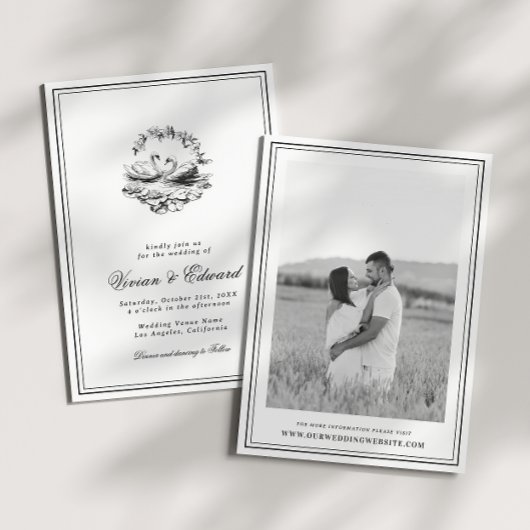 Elegant Hand Drawn Swan Vintage Botanical Wedding 招待状