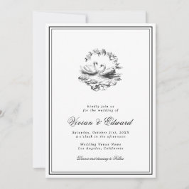 Elegant Hand Drawn Swan Vintage Botanical Wedding 招待状
