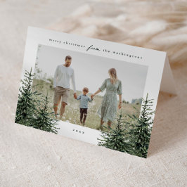 Elegant Hand-painted Pine Tree Photo Christmas シーズンカード