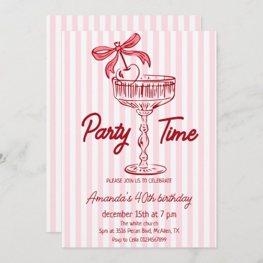 Elegant hand written Cocktail Birthday 招待状 (正面/裏面)