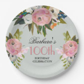 Elegant Handpainted Floral 100th Birthday Party ペーパープレート (正面)