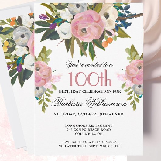 Elegant Handpainted Floral 100th Birthday Party  招待状