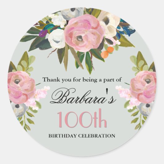 Elegant Handpainted Floral 100th Birthday Welcome ラウンドシール (正面)