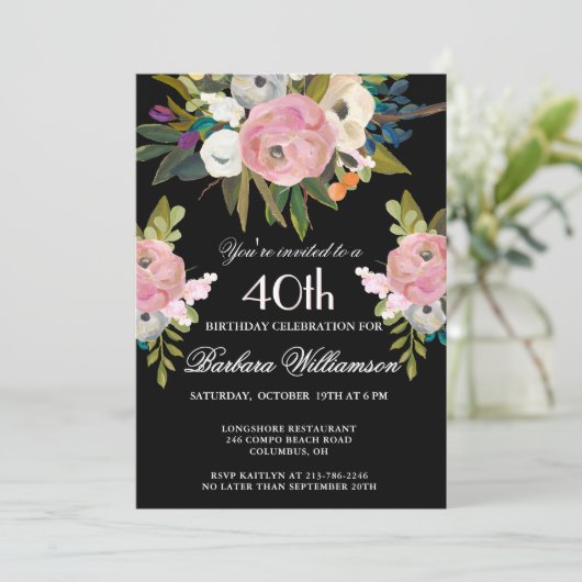 *Elegant Handpainted Floral 40th Birthday Party 招待状 (スタンド正面)