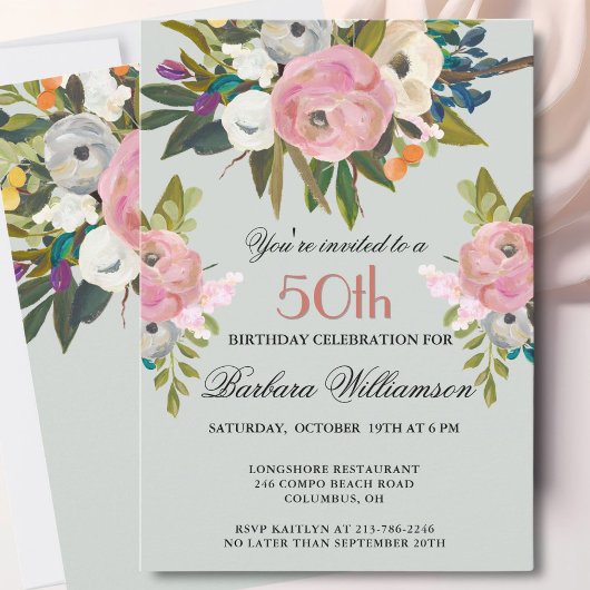 Elegant Handpainted Floral 50th Birthday Party 招待状