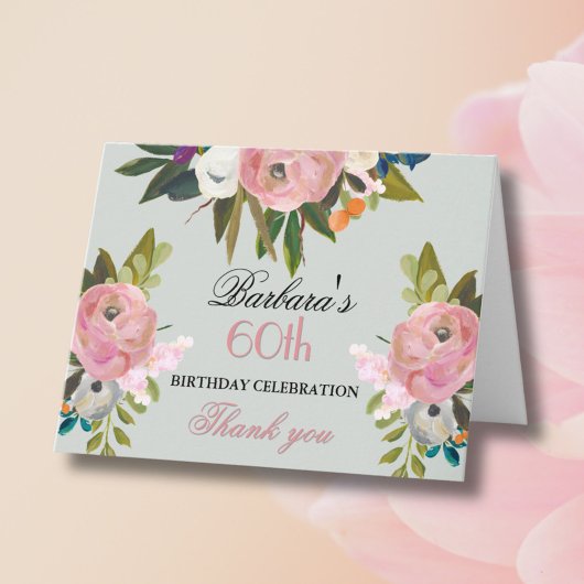 Elegant Handpainted Floral 60th Birthday Party  サンキューカード